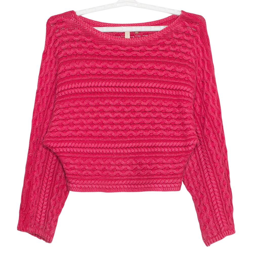 Pilcro Sweater Crop Chunky Cable Knit Fisherman Hot Pink Boxy Dolman Sleeve L